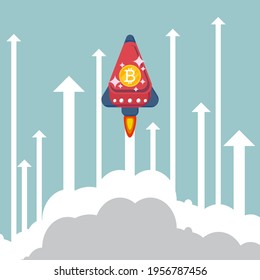 Rote Rakete mit Bitcoin Mittagessen zum Mond. Das Raketensymbol des Investitionswachstums.