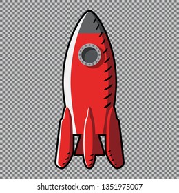 Red rocket with a black contour on a transparent background. Sign, symbol, icon. Stock vector illustration.