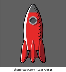 Red rocket black outline with flame on gray background. Sign, symbol, icon. Stock vector illustration.