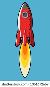 Red rocket black outline with flame on blue background. Sign, symbol, icon. Stock vector illustration.