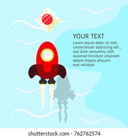 Red rocket cartoon cute flies on the sea. Rocket icon. space ship cartoon with text. Vector ,Illustration.