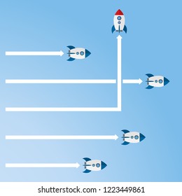 Red Rocket Changing Direction. New Idea, Change, Trend, Courage, Creative Solution, Innovation And Unique Way Concept.