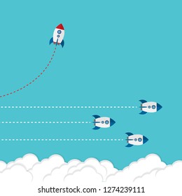 Red rocket changing direction and white ones. New idea, change, trend, courage, creative solution, innovation and unique way concept.