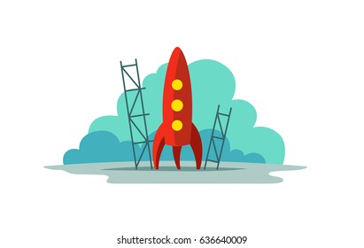 Ilustración de color de cohete rojo. Estilo plano. La metáfora del startup. Listo para empezar. El camino inicial hacia las estrellas.