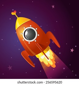 Red rocket and cute heart on the space