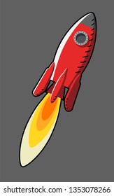 Red rocket and fire with a black contour on a gray background.  
