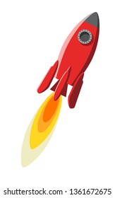 Red rocket and fire in flat style against white background. Sign, symbol, icon. Vector illustration.