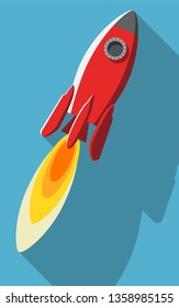 Red rocket and fire in the style of flat with a shadow on a blue background. Sign, symbol, icon. Vector illustration.