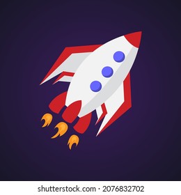 Cohetes rojos con fuego sobre fondo azul oscuro. Transporte espacial. Ilustración vectorial plana