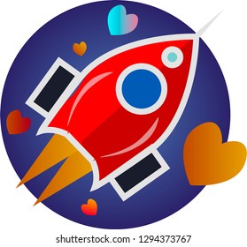 Red rocket flies through space surrounded by stars in the form of hearts