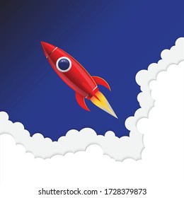 Red rocket. Flying above cloud. Up in the sky. Illustrations.