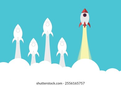 Red rocket flying above the clouds and changing direction, rocket launch, business startup concept. New idea, change
