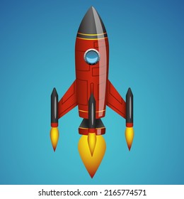 A red rocket is flying in the blue sky