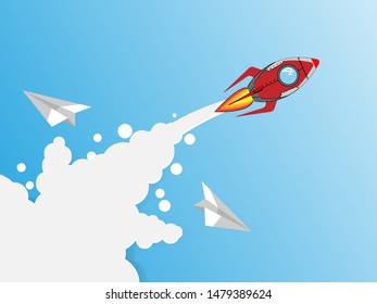 Red rocket flying on blue sky and cloud. Business success and leadership creative concept idea. Vector illustration