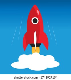 The red rocket is flying on a white background. Launch into outer space. Stock vector illustration. 