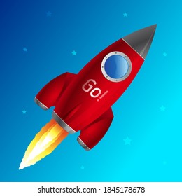 Red rocket with the inscription Let's go, against the background of the starry sky. concept of a business product on the market, space exploration 