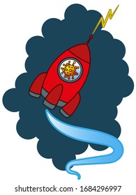 Red rocket launch with coronavirus on  dark background. Symbol of victory over the virus covid-19. Cartoon image in flat style. EPS10 vector illustration