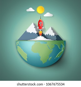 Red Rocket launch on green hemisphere world as nature, saving, earth day, start up and paper art style concept. vector illustration.