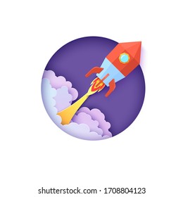 Red rocket launch in space in paper cut style. Round white frame with get start polygonal spaceship. Vector 3d kids background with fire and cloud sky. Startup business concept for motivation poster.