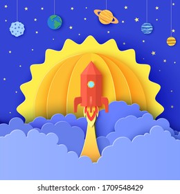 Red rocket launch in space in paper cut style. Galaxy universe landscape 3d craft background. Cardboard cutout planet with craters, Earth, Sun, Saturn, Jupiter, Neptune, Mars on rope. Vector kids card