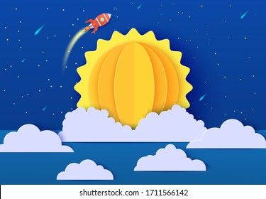 Red rocket launch in space in paper cut style. Galaxy universe landscape 3d craft background. Cardboard cutout spacecraft shuttle fly around Sun planet. Vector card for educational kids poster.