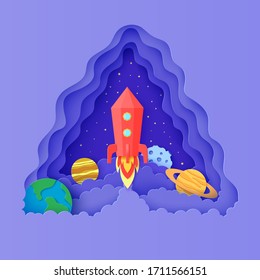 Red rocket launch in space in paper cut style. Triangular layered frame with get start polygonal spaceship. Vector 3d education kids background with planets Earth, Sun, Saturn, Jupiter, Neptune, Mars.