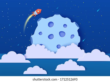Red rocket launch in space in paper cut style. Absrtact galaxy universe 3d craft landscape. Cutout cardboard spacecraft shuttle fly around blue planet. Cute vector card for educational kids poster.