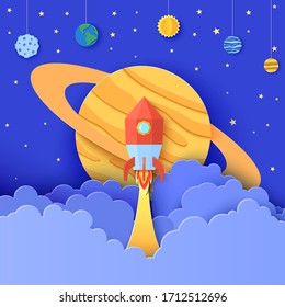 Red rocket launch in space in paper cut style. Galaxy universe landscape 3d craft background. Cardboard cutout planet with craters, Earth, Sun, Saturn, Jupiter, Neptune, Mars on rope. Vector kids card