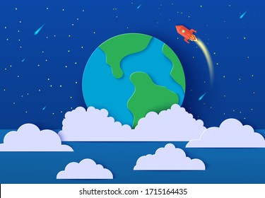 Red rocket launch in space in paper cut style. Absrtact galaxy universe landscape 3d craft background. Cutout spacecraft shuttle fly around Earth planet. Cute vector card for educational kids poster.