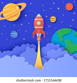 Red rocket launch in space in paper cut style. Galaxy universe landscape 3d craft background. Cardboard cutout planet with craters, Earth, Sun, Saturn, Jupiter, Neptune, Mars . Vector kids card.