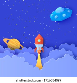 Red rocket launch in space in paper cut style. Galaxy universe landscape 3d craft background with Flying saucer in starry sky clouds. Cardboard cutout Saturn planet and UFO. Vector kids illustration