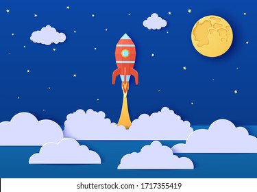 Red rocket launch in space in paper cut style. Galaxy landscape 3d craft background. Cardboard cutout Moon planet cloudy landscape. Vector kids card illustration. Paper art smoke and fog spacescape.