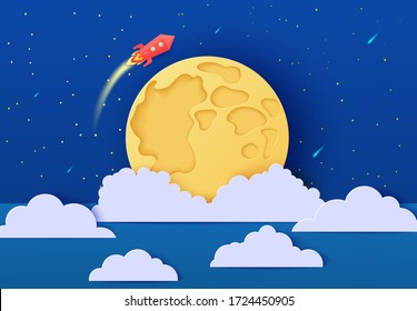 Red rocket launch in space in paper cut style. Absrtact galaxy universe landscape 3d craft background. Cutout spacecraft shuttle fly around Moon planet. Cute vector card for educational kids poster.