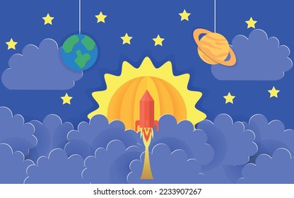 Red rocket launch in space in paper cut style Vector kids card
