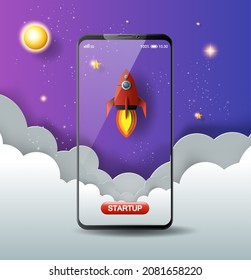A red rocket launches from a smartphone in this concept for a new business start-up.
