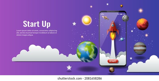 A red rocket launches from a smartphone travelling through the planets, concept for a new business start-up.