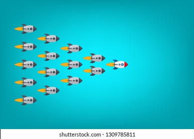 Red rocket as a leader among others, leadership, teamwork, motivation, stand out of the crowd concept, EPS10 vector 