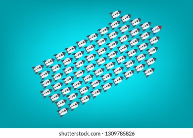 Red rocket as a leader among others, leadership, teamwork, motivation, stand out of the crowd concept, EPS10 vector 