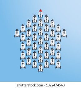 Red rocket as a leader among others, leadership, teamwork, motivation, stand out of the crowd concept, EPS10 vector