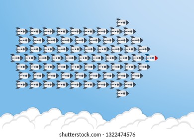 Red rocket as a leader among others, leadership, teamwork, motivation, stand out of the crowd concept, EPS10 vector