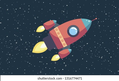 Red rocket on a background of space with stars