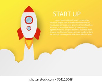 red rocket paper cut with clound on yellow background with copy space for text,start up concept.
