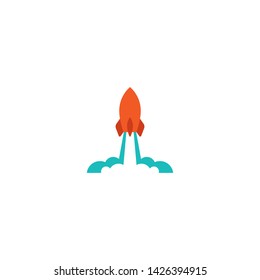 red rocket ship with fire and clouds. Isolated on white. Flat icon. Vector illustration with flying shuttle. Space travel. Space rocket launch. New project start up concept. Creative idea.