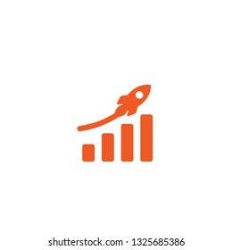 red rocket ship with  fire and red growth diagram. Isolated on white. Flat icon. Vector illustration with flying rocket. Project start up sign. Creative idea symbol.