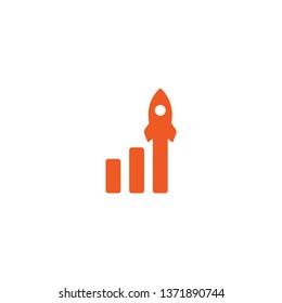 red rocket ship with  fire and red growth diagram. Isolated on white. Flat icon. Vector illustration with flying rocket. Project start up sign. Creative idea symbol.