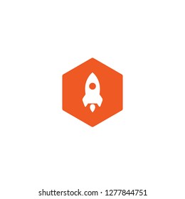 red rocket ship with fire in red hexagon. Isolated on white. Flat icon. Vector illustration with flying rocket. Space travel. Project start up sign. Creative idea symbol. 