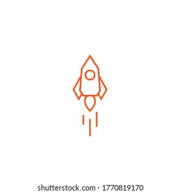 rotes Raketenschiff mit Feuer. Einzeln auf Weiß. Flaches Symbol. Vektorgrafik mit fliegender Rakete. Raumfahrt. Projektstart-Anmeldung. Symbol für kreative Ideen. 