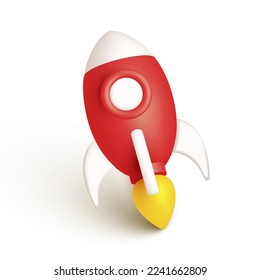 Icono de barco de cohetes rojos estilo isométrico aislado en fondo blanco. cohete espacial con lanzamiento de llama. Proceso de inicio y desarrollo de proyectos empresariales. Lanzamiento realista de botón Web. Ilustración del vector