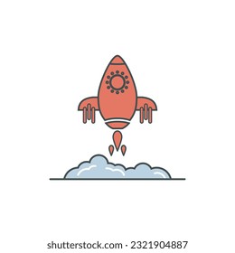 Red rocket ship launched with fire isolated on white background. Vector illustration with flying rocket design flat style. Technology development and business concept rocket icon.