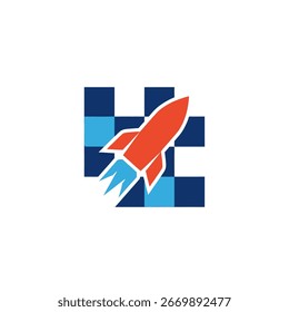 A red rocket ship launches from a blue checkered pattern.